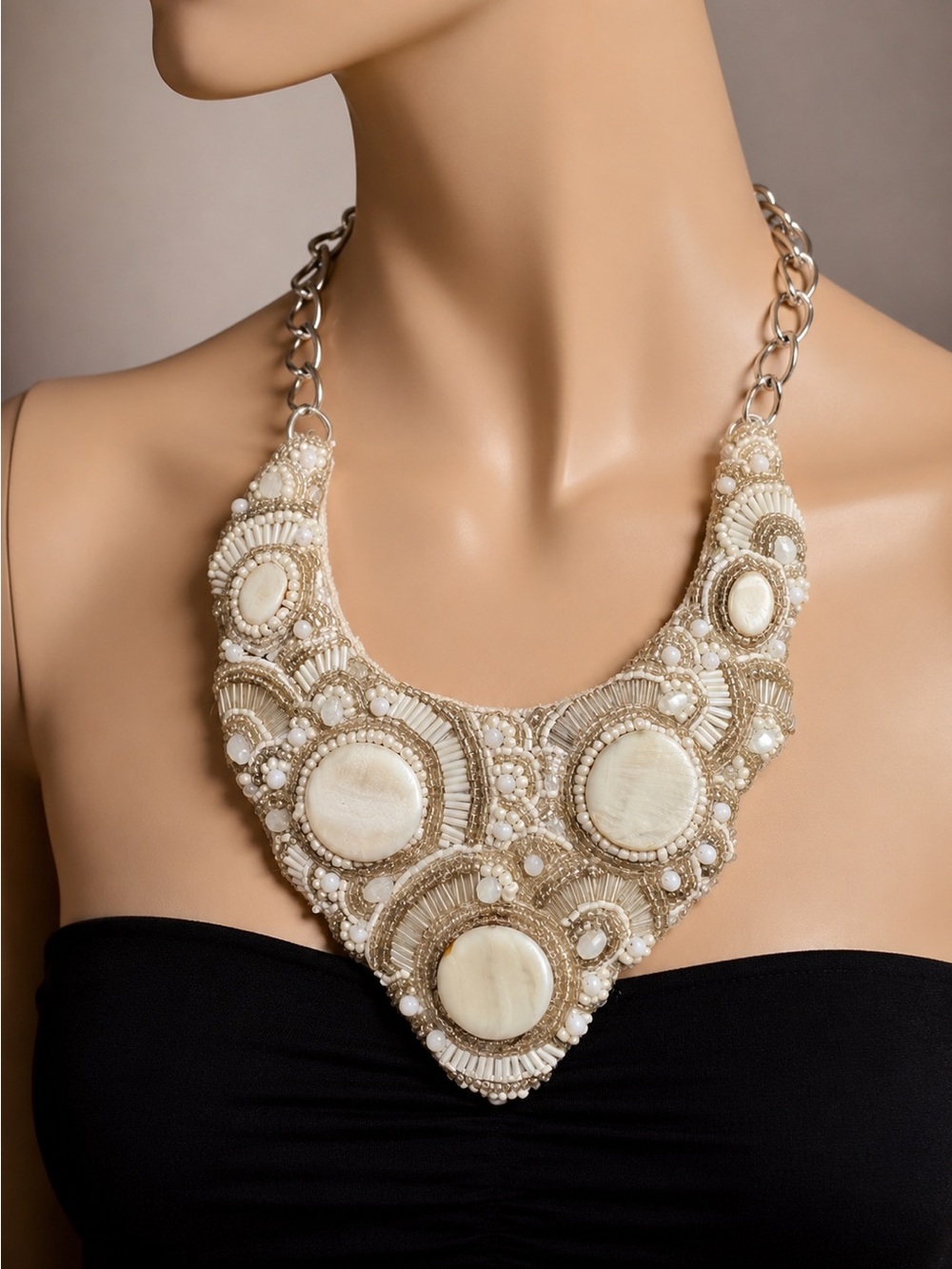 Beaded Bib Necklace in Ivory — Women’s Fashion Necklace